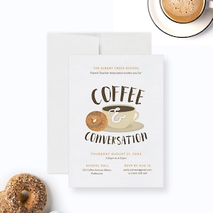Kaffee und Konversationsparty Einladung bearbeitbare Vorlage, Kaffee und Bagel druckbarer digitaler Download, Frühstück einladen Kaffeetasse