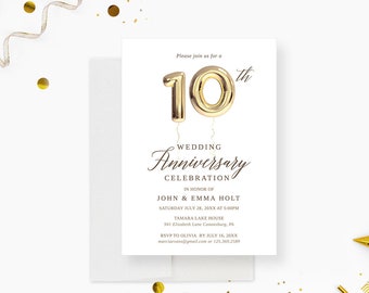 Elegant Wedding Anniversary Invitation Card with Golden Balloon, Invitation for 1st 5th 10th 15th 20th 25th 30th Anniversary Celebration