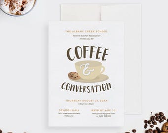 Coffee and Conversation Invitation Template, Coffee Cup Invitation with Cookie Printable Digital Download