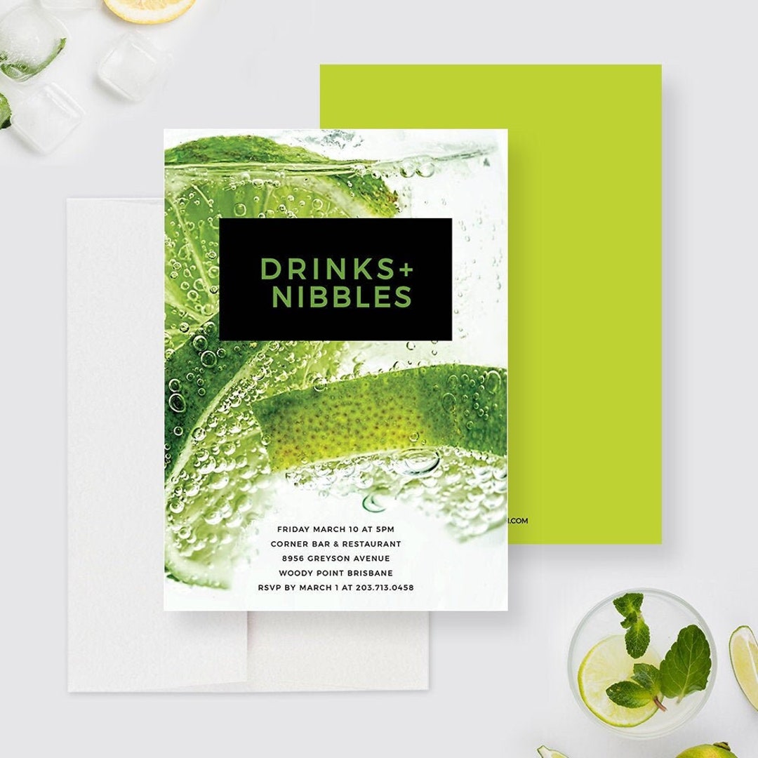 Drinks and Nibbles Invitation Editable Template, Cocktails Lime Drink Invite Digital Download