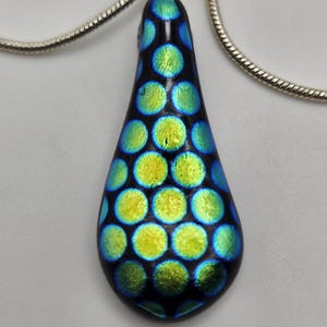 Teardrop Dichroic Glass Pendant – Green & Blue Circles on Black – Fused Glass Necklace with Silver-Plated Chain