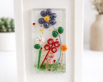 Pájaros en una rama, arte en vidrio fusionado en marco impreso en 3D – Decoración floral de panel de vidrio hecha a mano, pequeño regalo para exhibición en estante