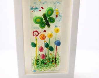 Fused Glass Butterfly Garden Art – Colorful Floral Glass Panel with Green Butterfly – 3x5 Handmade Glass Garden Scene in 3D Printed Frame