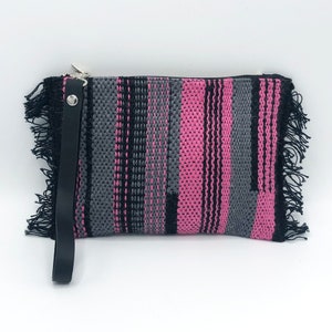 Cartera de yute, rosa, gris, negra, tejida a mano, asa de cuero, cartera de mano, bolsa con cremallera, monedero