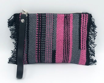 Jute Wristlet, Pink, Gray, Black, handwoven, leather handle, wristlet, clutch purse, zipper pouch, purse