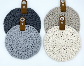 Round crocheted potholder with leather hanger, Trivet,