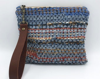 Sakiori Wristlet, handwoven, denim, fabric, leather handle, wristlet, clutch purse, zipper pouch, purse