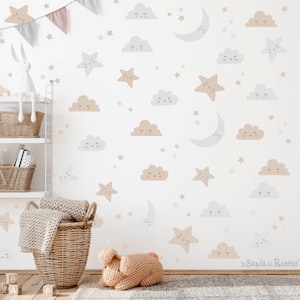 Adesivi in tessuto per bambini, stickers cameretta, adesivi da muro effetto carta da parati, stickers murali pattern "Nuvolette e Stelle"