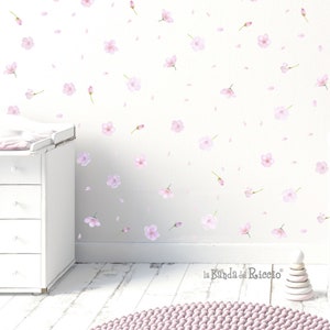 Adesivi murali in tessuto per bambini, stickers cameretta, adesivi da muro effetto carta da parati, pattern "Fiori di Pesco"