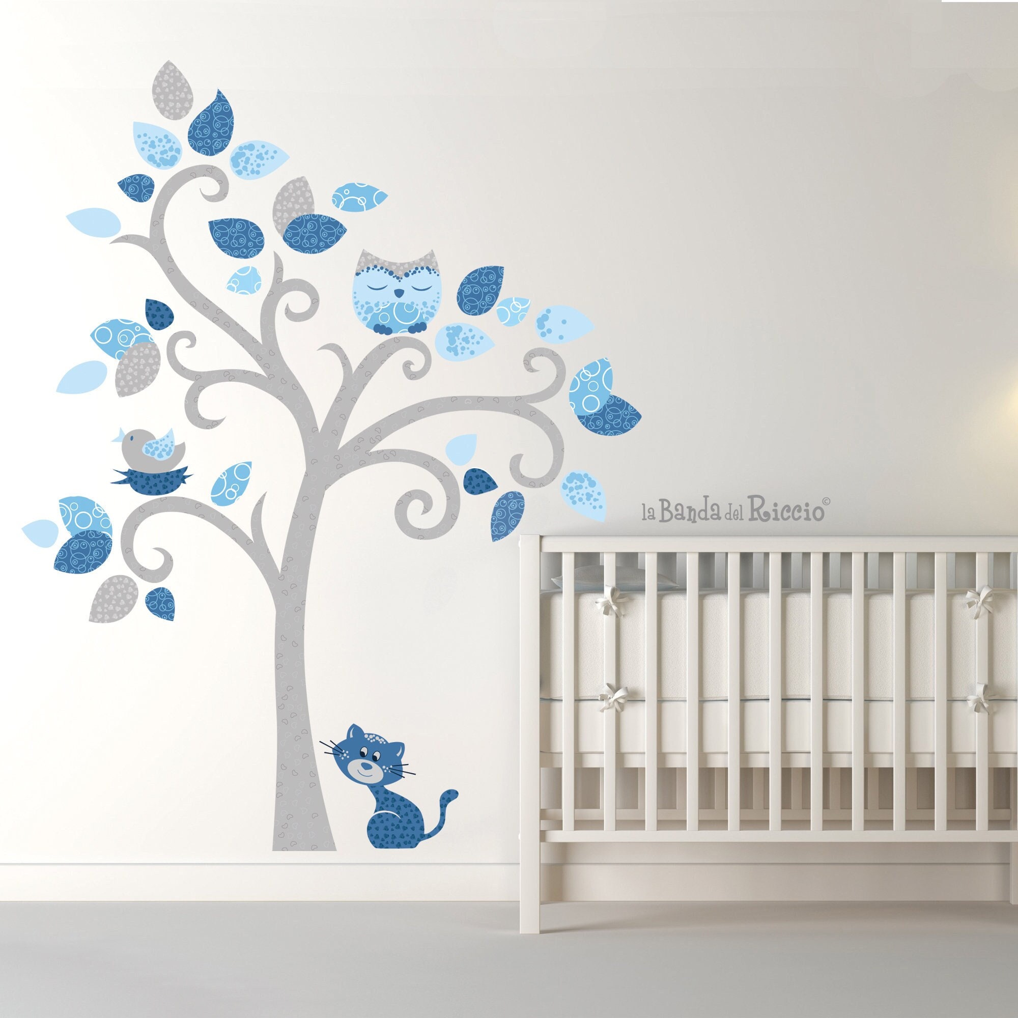 Arbre Autocollant Mural En Tissu Amovible, Arbre Pour Chambre D'enfant, Stickers Arbre, Chat Et Hibou