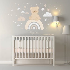 Wall decals kids, wall stickers, baby nursery room decor Teddy Bear on the Raimbow
