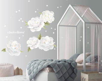 Fabric Wall decals, kids wall stickers, baby nursery room decor "White Peonies"