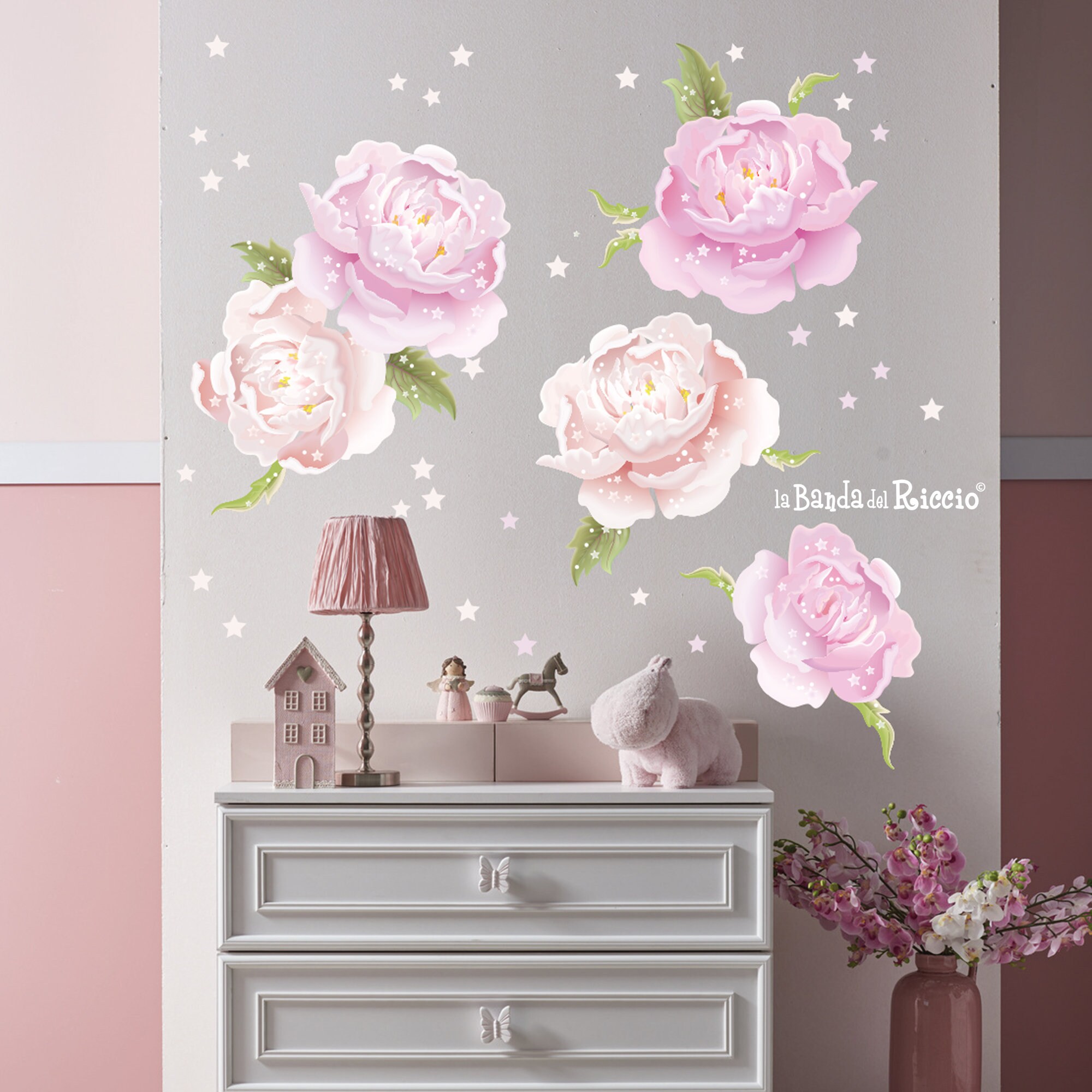 Adesivo Murale Rimovibile Con Peonie E Rose Rosa Vintage | Decorazione Parete Per Soggiorno E Camera