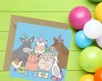 Op de afbeelding: Een verjaardagskaart met een groep boerderijdieren die feestmutsen en laarzen dragen. De dieren zijn een ezel, een koe, een schaap, een paard, een varken en een gans. De kaart heeft een blauwe achtergrond met witte stippen.