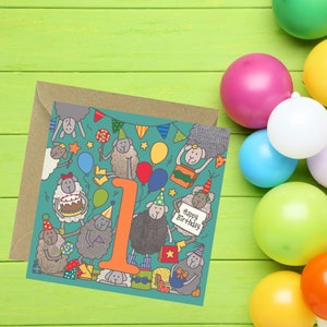 Carte de 1er anniversaire, 1, mouton, première carte d'anniversaire, fils, fille, carte pour enfant de 1 an, motif animalier lumineux et amusant, Felltarn