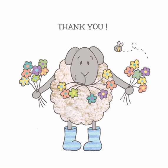Thank You Card Sheep Cute Thanks With Flowers Herdwick Cartoon Etsy