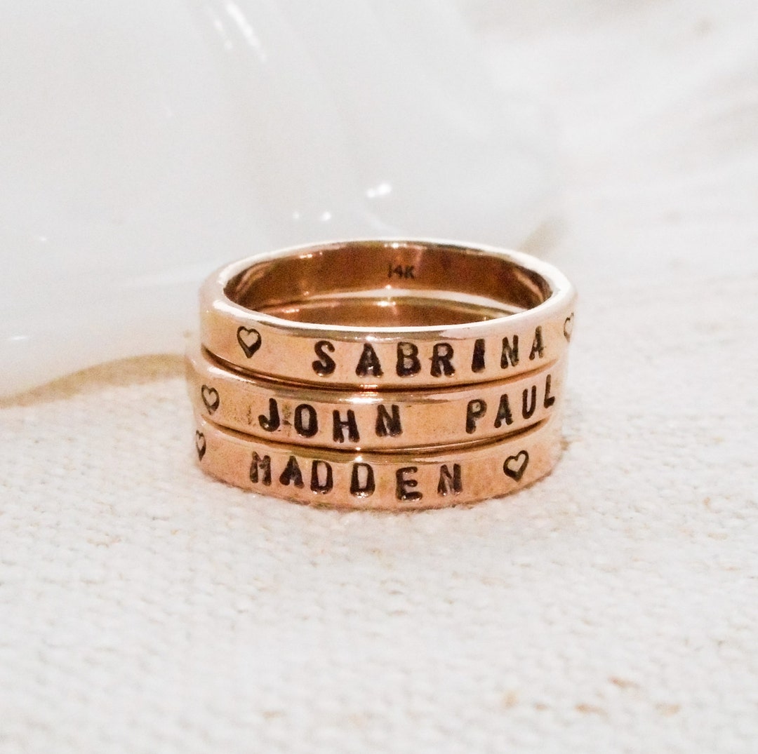 Wide Custom Stamped Ring // Solid 14k Gold Hand Stamped Ring - Etsy