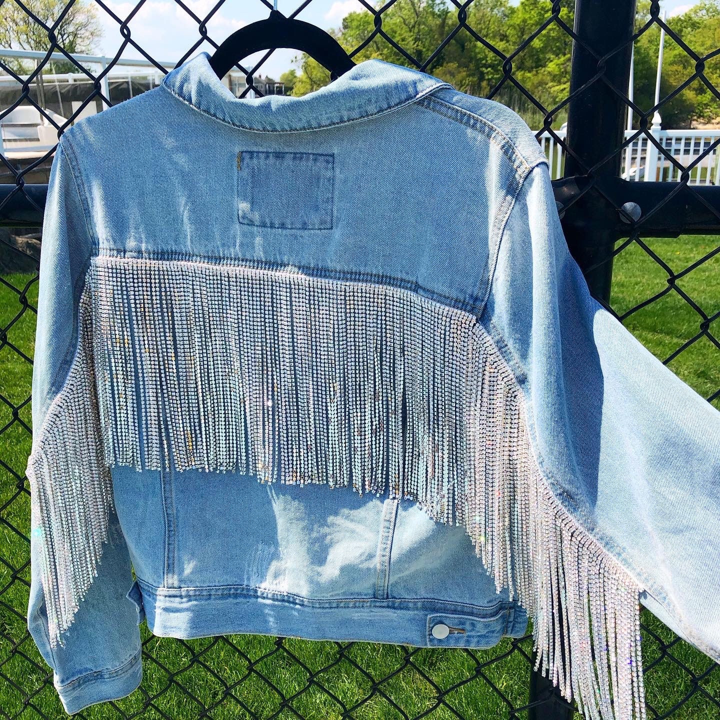 Custom Silver Rhinestone Fringe Denim Jacket - Etsy