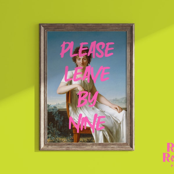 Please Leave By Nine Digital Print, Vintage Renaissance Printable Poster, Funny Altered Painting, Pink Graffiti Typography