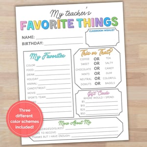 Teacher Favorites Questionnaire, Teacher Favorite Things Printable, Get to Know Teacher Survey, All About My Teacher, Room Parent Printable