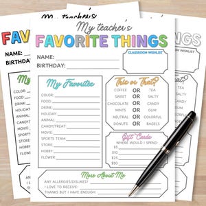 Teacher Favorite Things List, Teacher Favorites Questionnaire, Get to Know Teacher Survey Form, All About My Teacher, Meet the Teacher