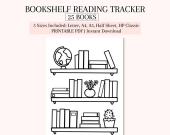 Bookshelf Reading Tracker, Printable Reading Log for Book Lovers, 25 Book Reading Challenge Template, Books to Read, Letter A4 A5 HP Classic