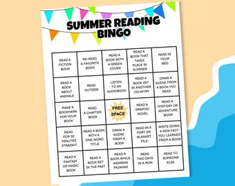 Pode incluir: Uma folha de jogo de bingo de leitura de verão branca com uma faixa colorida no topo. O cartão de bingo apresenta atividades relacionadas à leitura, como ler um livro de ficção, ler ao ar livre e ler uma graphic novel.