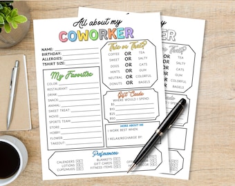 May include: Two printable "All About My Coworker" sheets with fill-in-the-blank sections, including "My Favorites" and "This or That?" questions. A black pen rests on the sheets, with a coffee cup and a plant in the background.