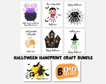 May include: A collection of Halloween-themed handprint art cards. Designs include a cauldron, vampire, spider, pumpkin, haunted house, witch, and ghosts. The words "Halloween Handprint Craft Bundle" are displayed.