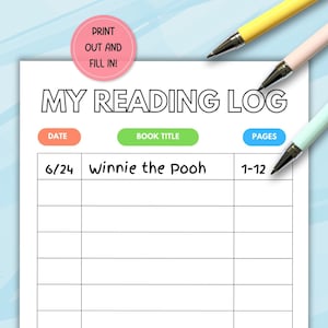 May include: A printable reading log with columns for date, book title, and pages read. The first entry is filled in with the date 6/24, the book title "Winnie the Pooh", and the pages read "1-12".