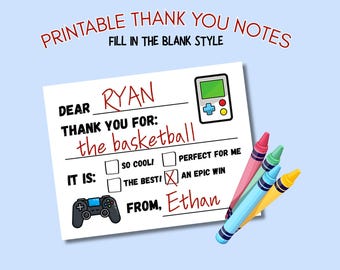 Kids Printable Thank You Notes, Fill in the Blank Thank You Notes, Video Game Birthday Thank You Notes, Preschool Birthday Thank You Cards
