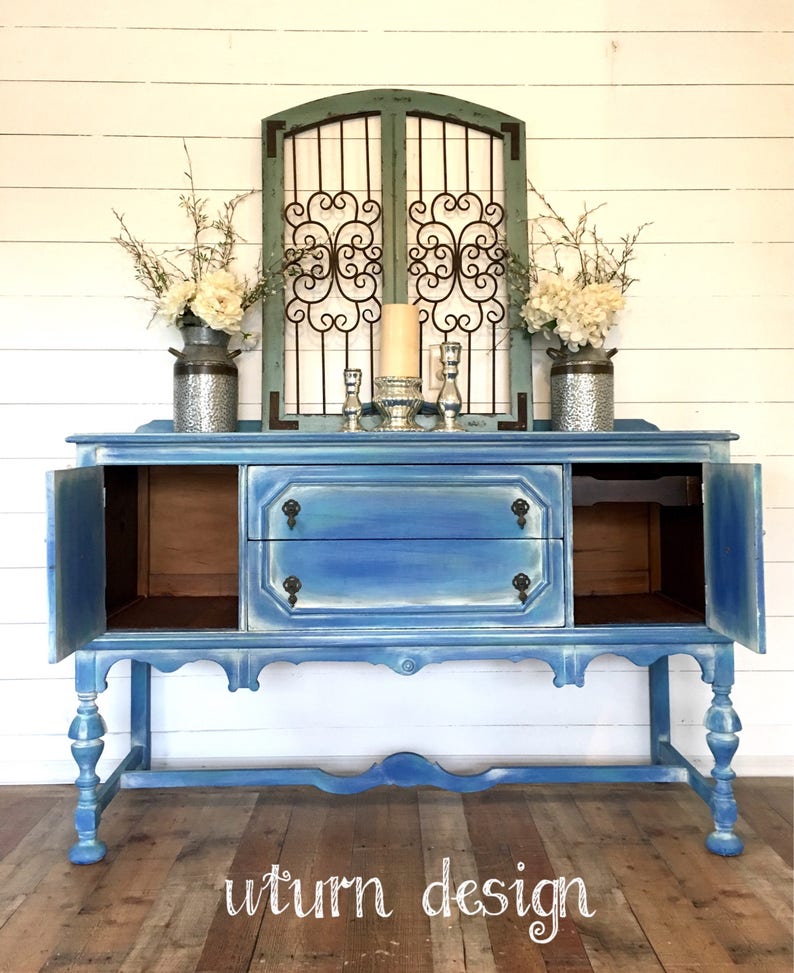 Sold Coastal blue painted buffet beach cottage sideboard ...