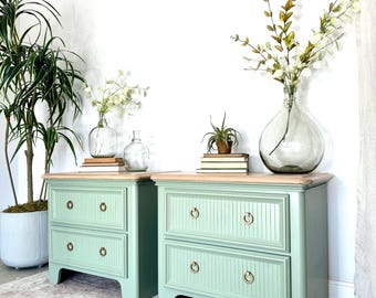 Sold!! Do not buy!! Vintage Oak Nightstands: Green Painted Modern Set