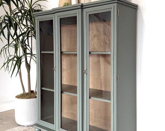 Sold!! Sold!! Sage Green Vintage Hutch/ china cabinet/ display case / glass door cabinet