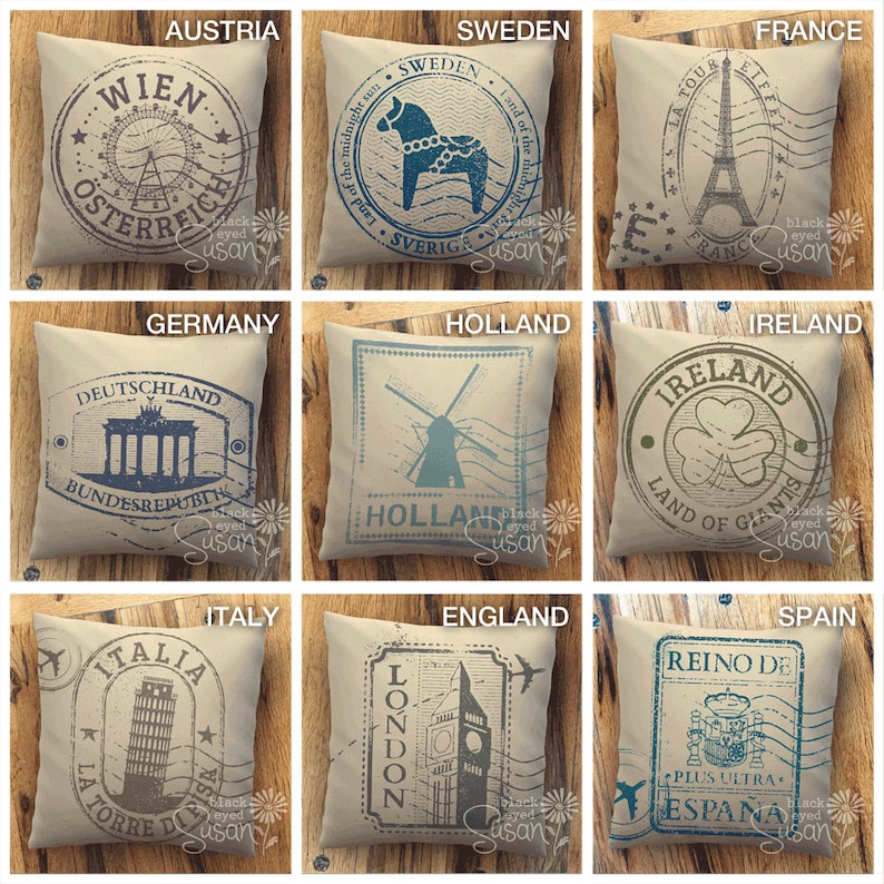 Italy Travel Stamp Pillow Cover Natural Canvas or Lined Burlap 14x14 18x18 22x22 Rome 16 Ink Color Options