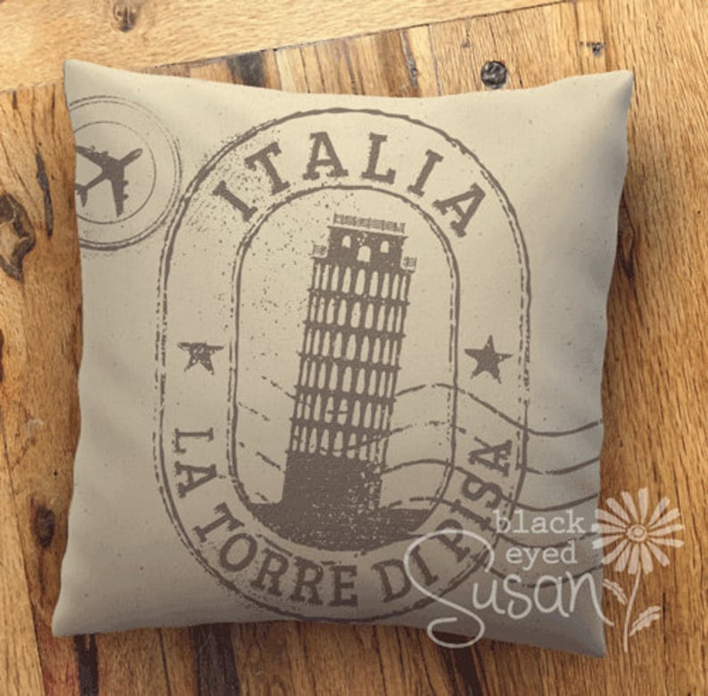 Italy Travel Stamp Pillow Cover Natural Canvas or Lined Burlap 14x14 18x18 22x22 Rome 16 Ink Color Options