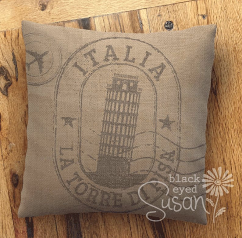Italy Travel Stamp Pillow Cover Natural Canvas or Lined Burlap 14x14 18x18 22x22 Rome 16 Ink Color Options