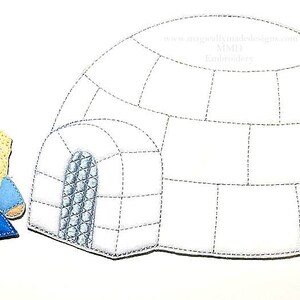 May include: A white felt igloo with a blue felt door and a blonde felt doll wearing a blue dress. The igloo has a stitched design of a snow pattern. The doll has a stitched smile and eyes. The text "www.magicallyhandmade.com MMJ Embroidery" is printed on the igloo.