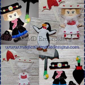 Mary Poppins Inspired Felt Story Board Set of 13 - In the Hoop Un-Paper Doll Set Machine Embroidery Design