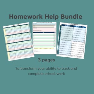 Op de afbeelding: Een Homework Help Bundle met drie pagina's. De pagina's bevatten een planner rapport, een lange termijn opdrachtverdeling en een prioriteiten beoordeling. De tekst zegt "om je vermogen om schoolwerk te volgen en af te ronden te transformeren."