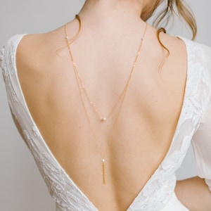 Bridal necklace with back jewel, pearl or soft pearl &quot;Sofia&quot;