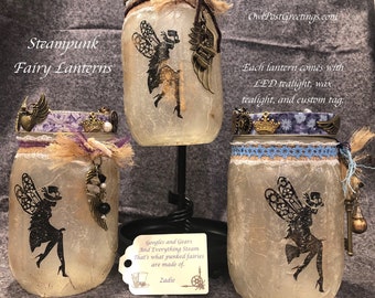 Steampunk Fairy Lanterns - One of a Kind - Mason Jar and LED tea light