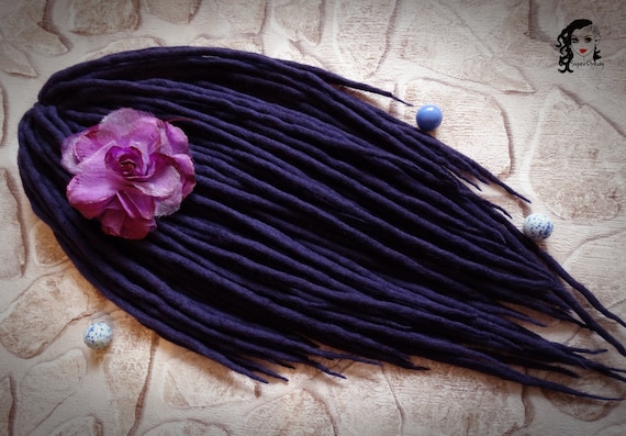 Black Merino Wool Clip In Dreadlocks Extensions Handmade Miss Violet Lace Wool Clip-in Dread Extensions - Ombre Black to Purple With  main image 3