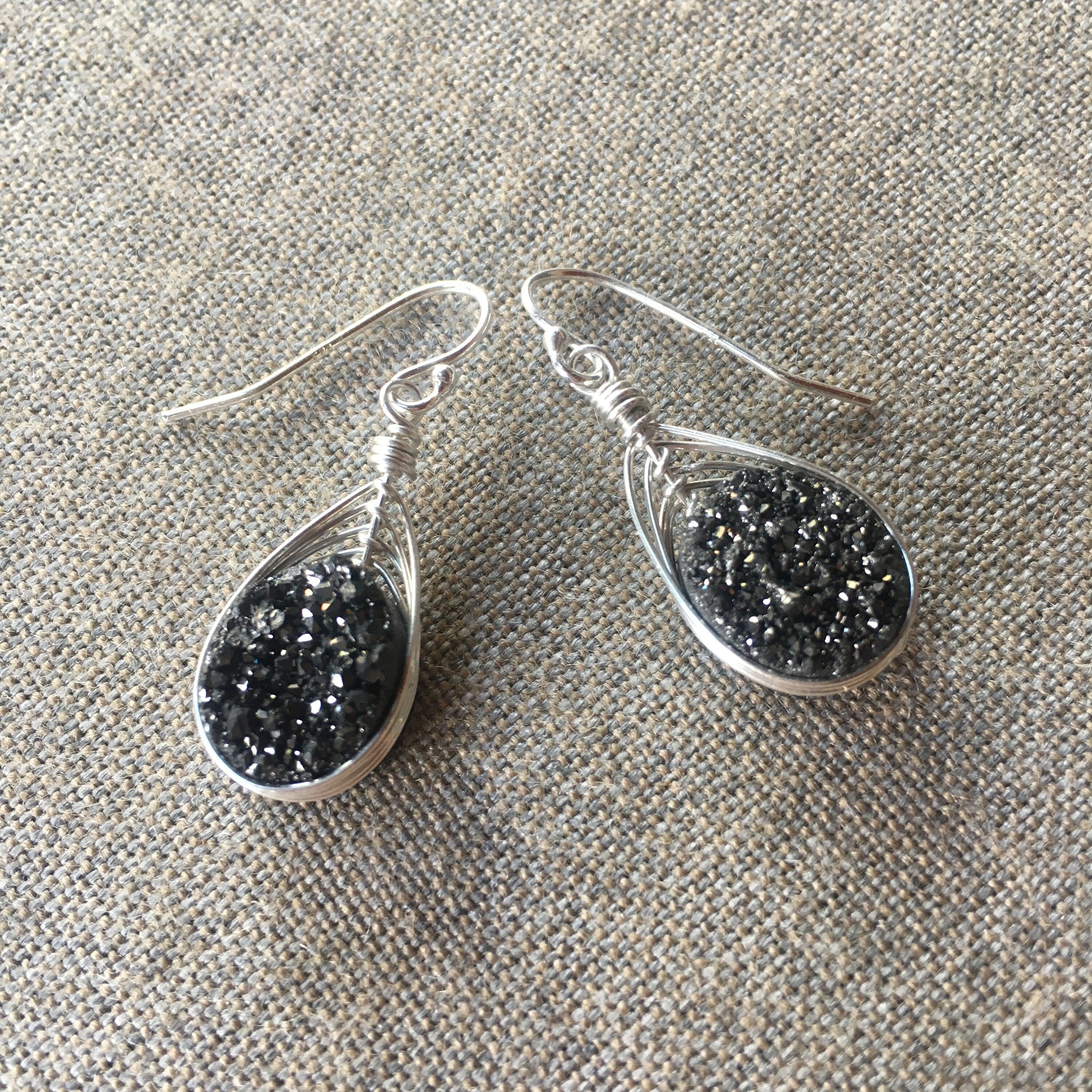 Sterling Silver Wire Wrapped Black Druzy Earrings Natural Stone Earrings Teardrop Gemstone Jewelry Raw Druzy Gift for her Bridal