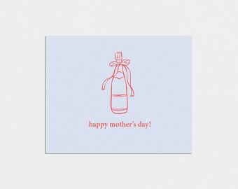 Happy Mother's Day! - Playful Folded Card - Red Champagne Bottle With Bow, Pale Blue - Wine Lover Cards