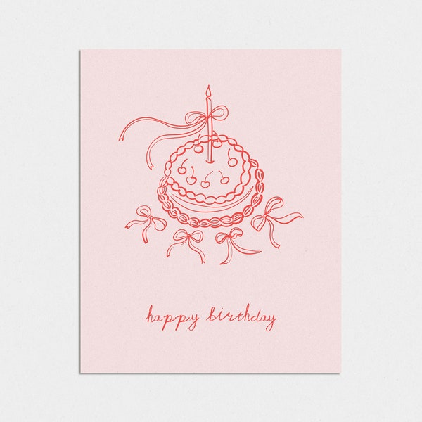 Cursive Folded Birthday Card - Pink And Red Cake With Cherries And Bows - Blank on the Inside - Made to Order