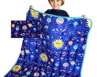 Weighted Kids Blanket - Navy Blue Space and Planet Blanket for Boys - 55in x 42in - 5lb Minky Polyester  Plush - Children 40 to 60 Pounds