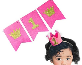 Baby Girls 1st Birthday Crown Headband with FREE BANNER Mini Set "1" Pennant Gold Pink High Chair Garland Glitter