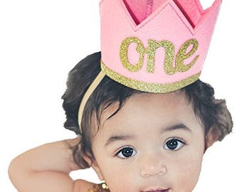 Baby Girl FIRST BIRTHDAY Sparkly Pink Gold Princess Crown - I Am One Toddler Party