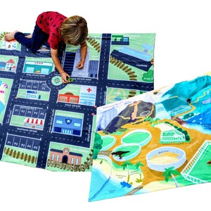 Reversible City & Dino Playmat Blanket – 50x60 Educational Minky Travel Mat with Roads, Cars, Dinosaurs, Letters and Numbers